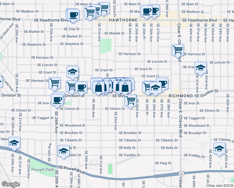 map of restaurants, bars, coffee shops, grocery stores, and more near 3319 Southeast Caruthers Street in Portland