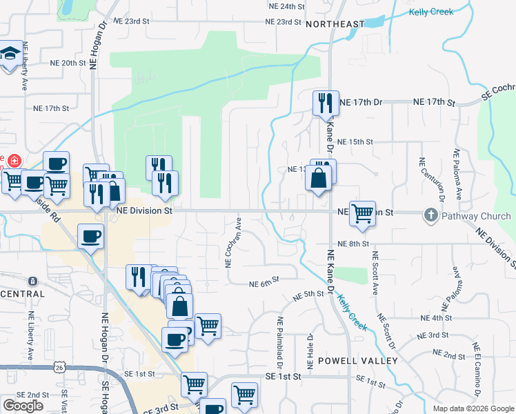 map of restaurants, bars, coffee shops, grocery stores, and more near 1124 Northeast Village Squire Court in Gresham