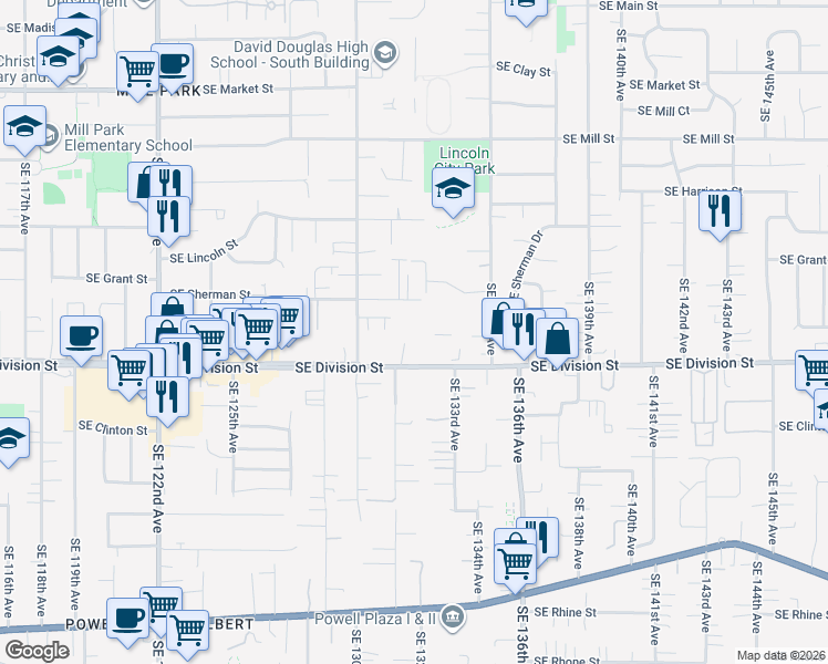 map of restaurants, bars, coffee shops, grocery stores, and more near 13145 Southeast Division Street in Portland