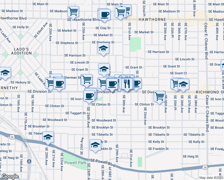 map of restaurants, bars, coffee shops, grocery stores, and more near 2406 Southeast 28th Place in Portland