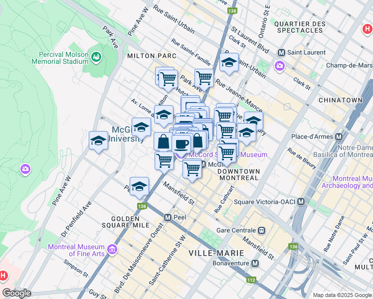 map of restaurants, bars, coffee shops, grocery stores, and more near 666 Sherbrooke Street West in Montreal