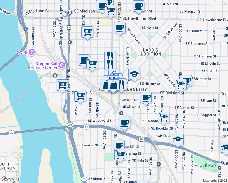 map of restaurants, bars, coffee shops, grocery stores, and more near 1101 Southeast Division Street in Portland
