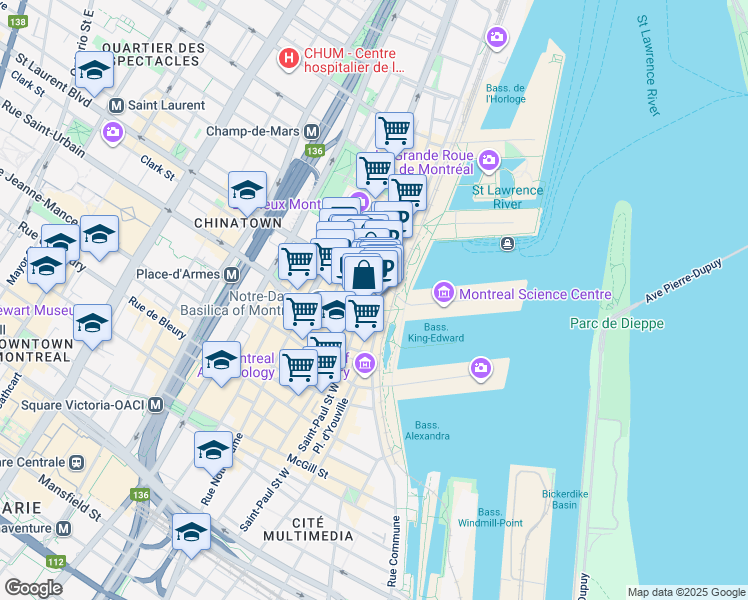 map of restaurants, bars, coffee shops, grocery stores, and more near 34 Rue Saint-Paul Ouest in Montréal