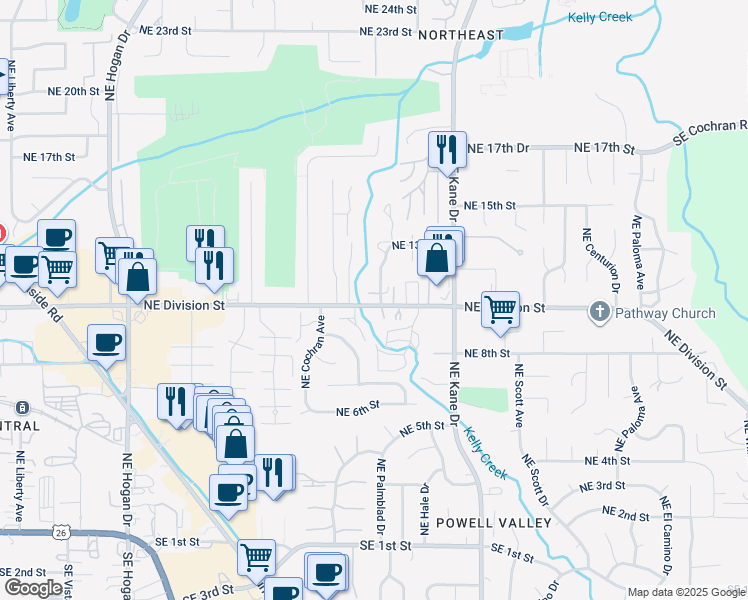 map of restaurants, bars, coffee shops, grocery stores, and more near 1116 Northeast Palmblad Drive in Gresham