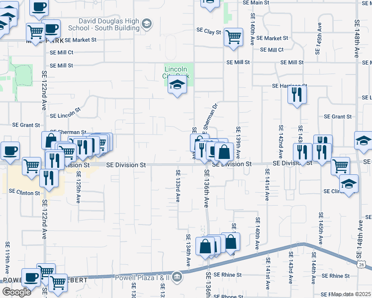 map of restaurants, bars, coffee shops, grocery stores, and more near 2343 Southeast 135th Avenue in Portland