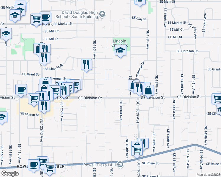 map of restaurants, bars, coffee shops, grocery stores, and more near 13148 Southeast Sherman Street in Portland
