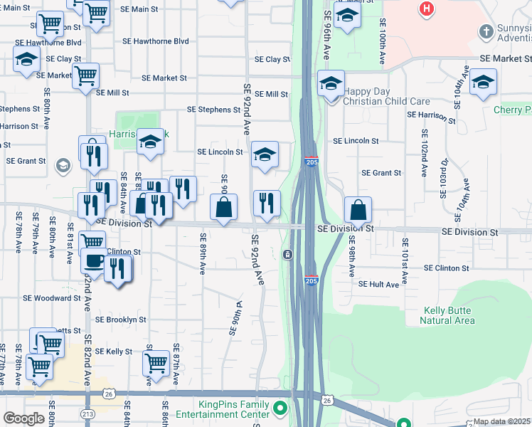 map of restaurants, bars, coffee shops, grocery stores, and more near 9225 Southeast Division Street in Portland