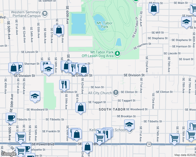 map of restaurants, bars, coffee shops, grocery stores, and more near 6437 Southeast Division Street in Portland
