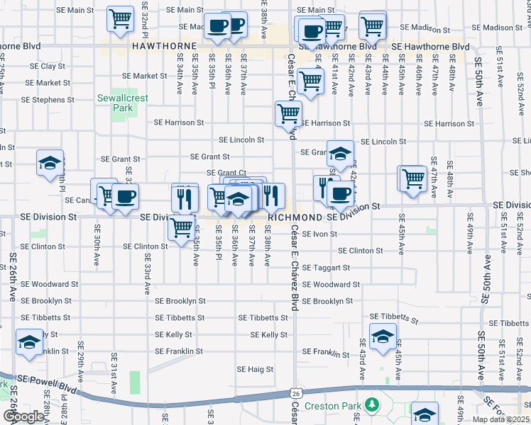 map of restaurants, bars, coffee shops, grocery stores, and more near in Portland