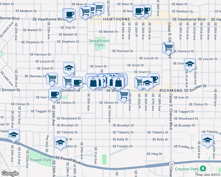 map of restaurants, bars, coffee shops, grocery stores, and more near 3319 Southeast Caruthers Street in Portland