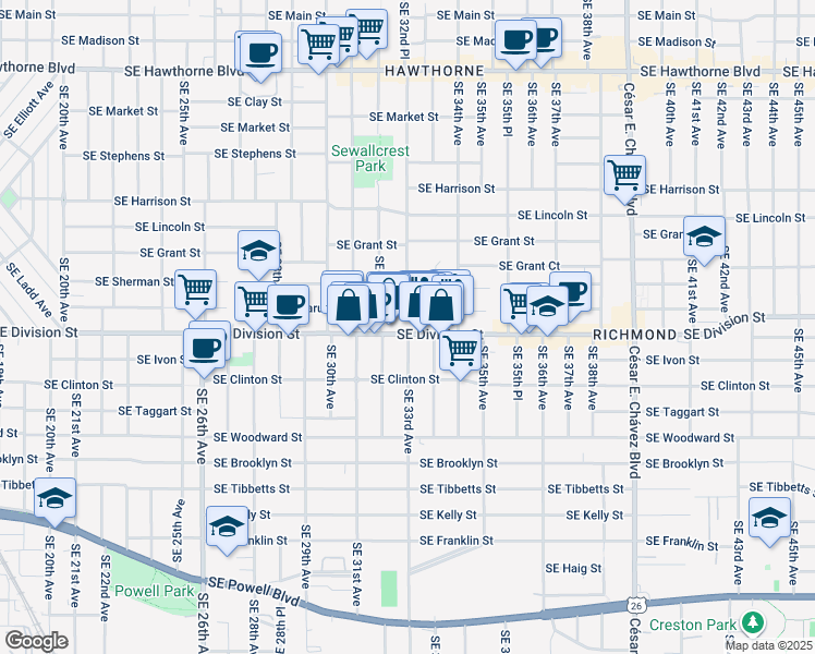 map of restaurants, bars, coffee shops, grocery stores, and more near 3319 Southeast Caruthers Street in Portland