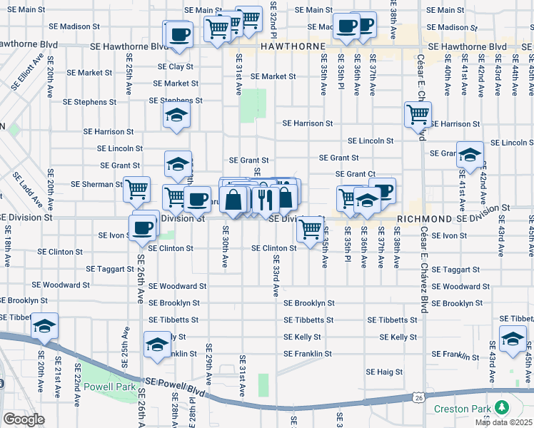 map of restaurants, bars, coffee shops, grocery stores, and more near 3211 Southeast Caruthers Street in Portland