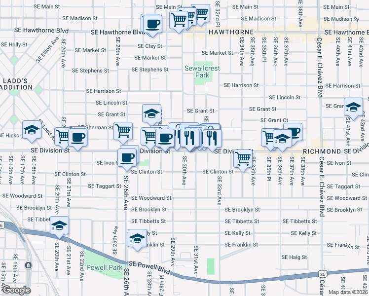 map of restaurants, bars, coffee shops, grocery stores, and more near in Portland