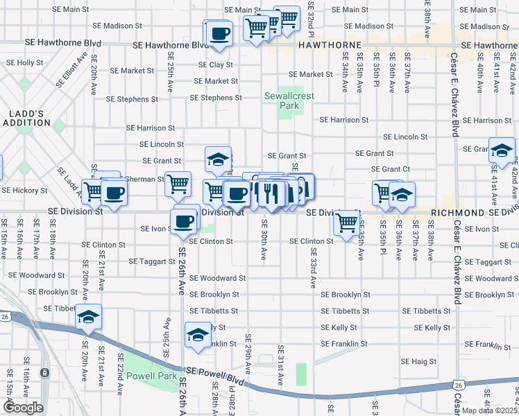 map of restaurants, bars, coffee shops, grocery stores, and more near 2905 Southeast Caruthers Street in Portland