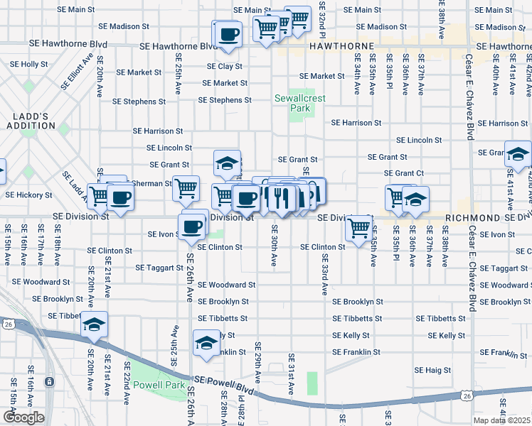 map of restaurants, bars, coffee shops, grocery stores, and more near 2905 Southeast Caruthers Street in Portland