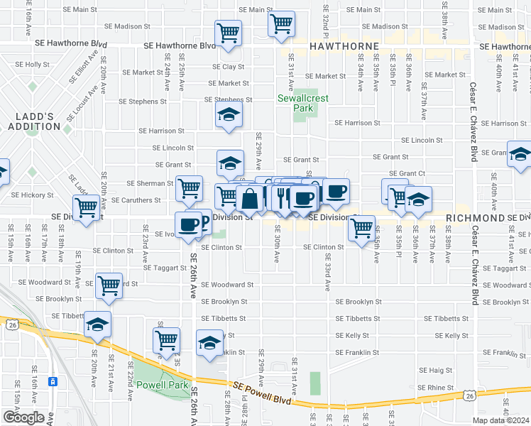map of restaurants, bars, coffee shops, grocery stores, and more near 2905 Southeast Caruthers Street in Portland
