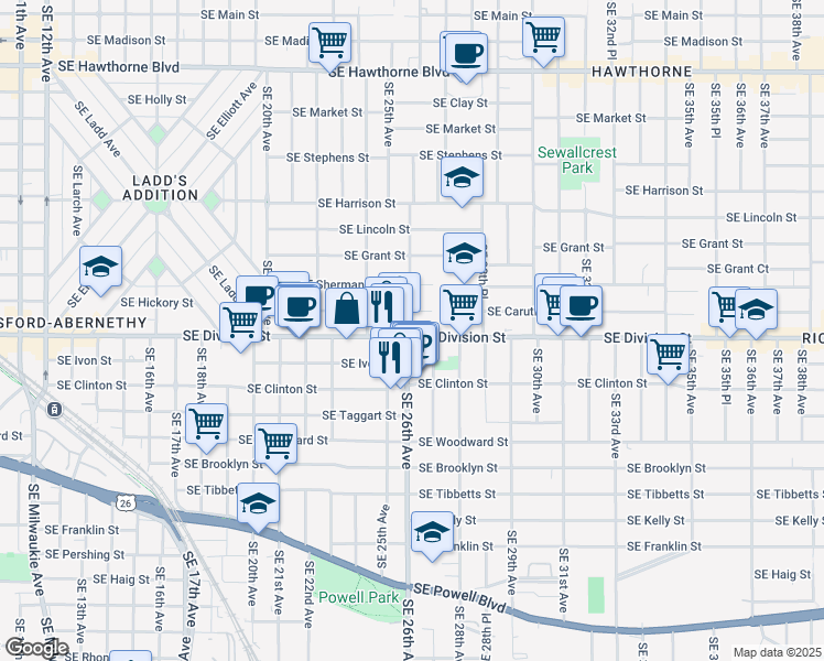 map of restaurants, bars, coffee shops, grocery stores, and more near 2401 Southeast 26th Avenue in Portland
