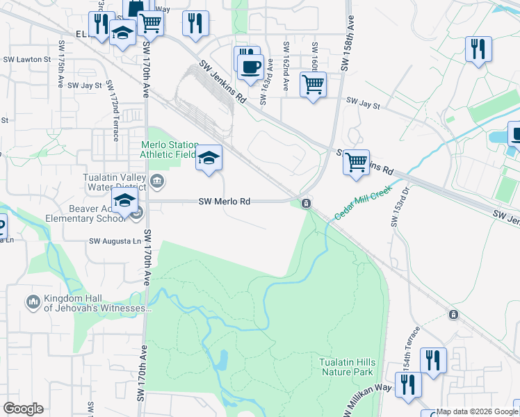 map of restaurants, bars, coffee shops, grocery stores, and more near C 2016 Southwest Merlo Road in Beaverton