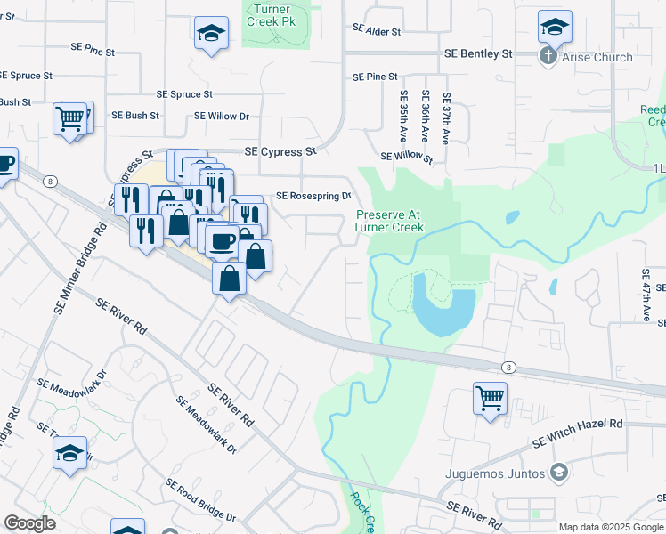 map of restaurants, bars, coffee shops, grocery stores, and more near 3142 Southeast Merriweather Drive in Hillsboro