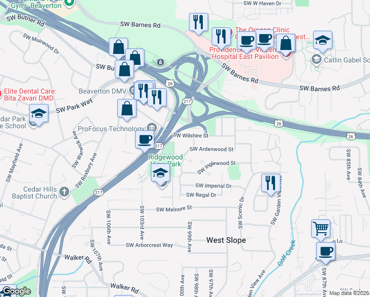 map of restaurants, bars, coffee shops, grocery stores, and more near 9885 Southwest Ardenwood Street in Portland