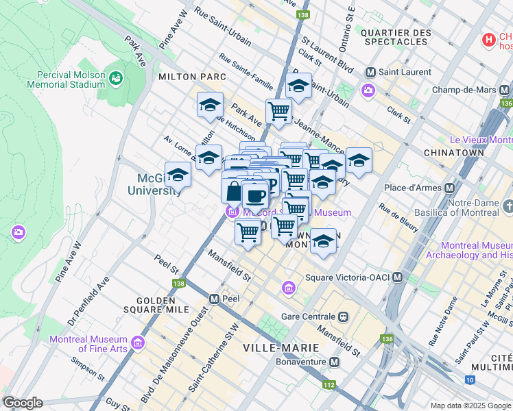 map of restaurants, bars, coffee shops, grocery stores, and more near 625 President Kennedy Avenue in Montreal