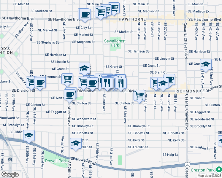 map of restaurants, bars, coffee shops, grocery stores, and more near 3103 Southeast Division Street in Portland