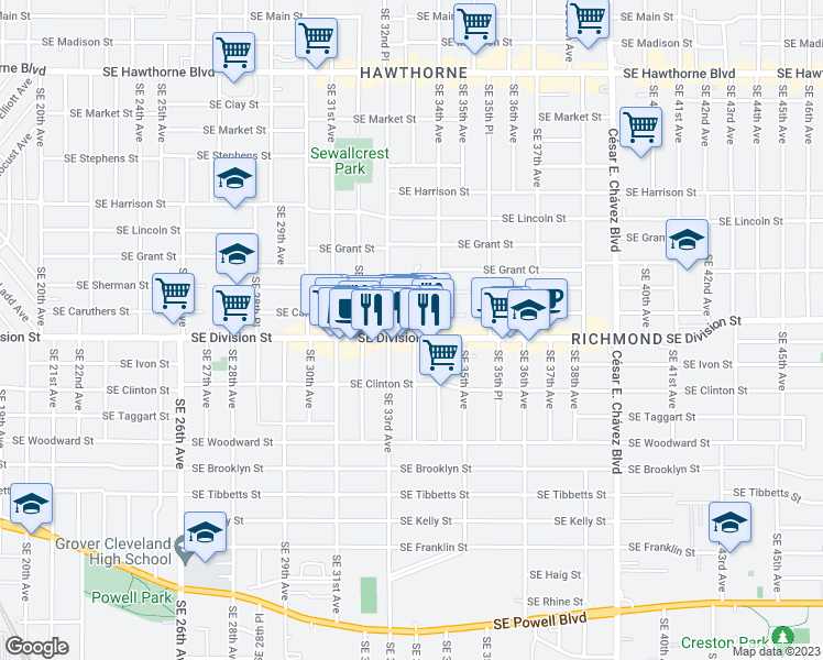 map of restaurants, bars, coffee shops, grocery stores, and more near 3319 Southeast Caruthers Street in Portland