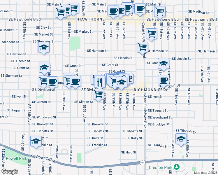 map of restaurants, bars, coffee shops, grocery stores, and more near in Portland
