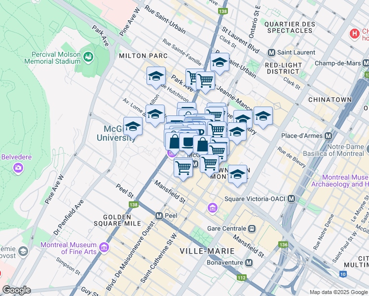 map of restaurants, bars, coffee shops, grocery stores, and more near 594 Rue Sherbrooke Ouest in Montréal