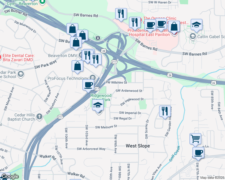 map of restaurants, bars, coffee shops, grocery stores, and more near 9885 Southwest Ardenwood Street in Portland