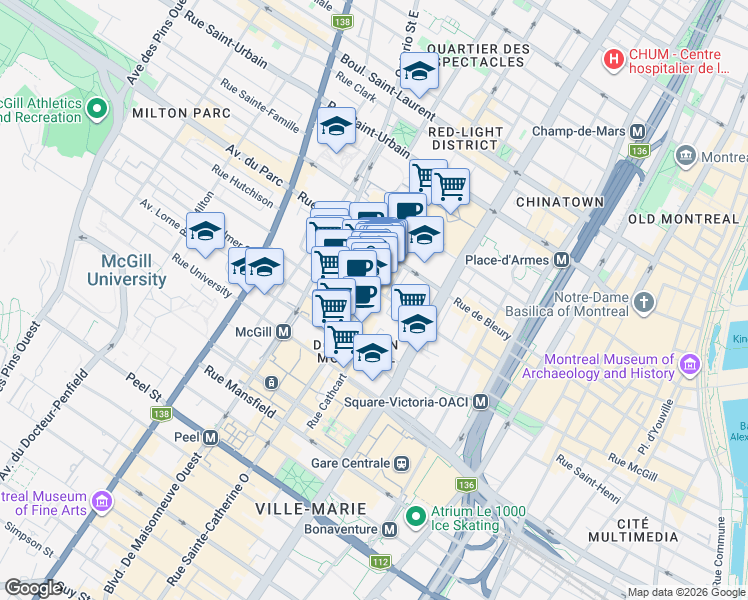 map of restaurants, bars, coffee shops, grocery stores, and more near 372 Rue Sainte-Catherine Ouest in Montreal