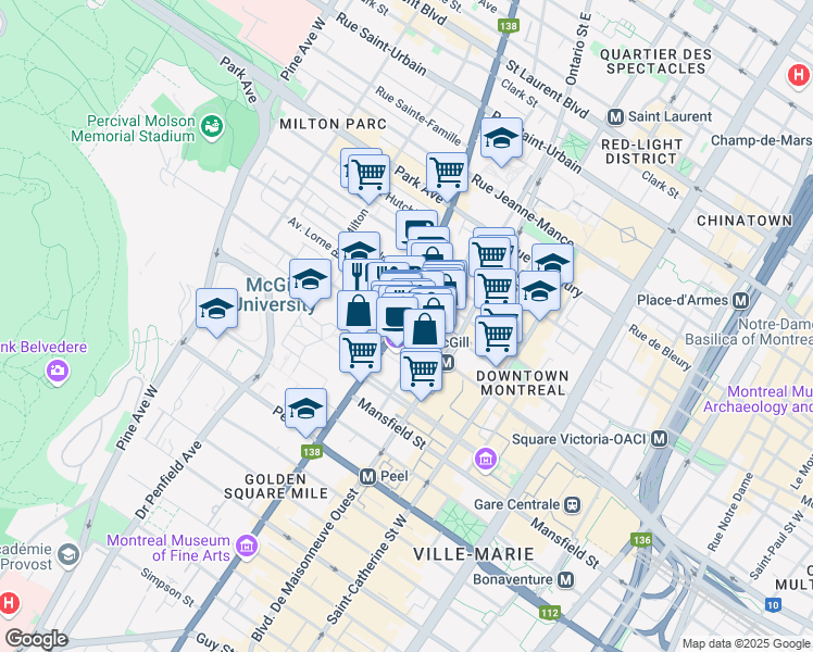 map of restaurants, bars, coffee shops, grocery stores, and more near 2090 Avenue Union in Montréal