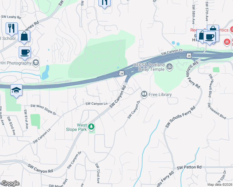 map of restaurants, bars, coffee shops, grocery stores, and more near 2121 Southwest Camelot Court in Portland