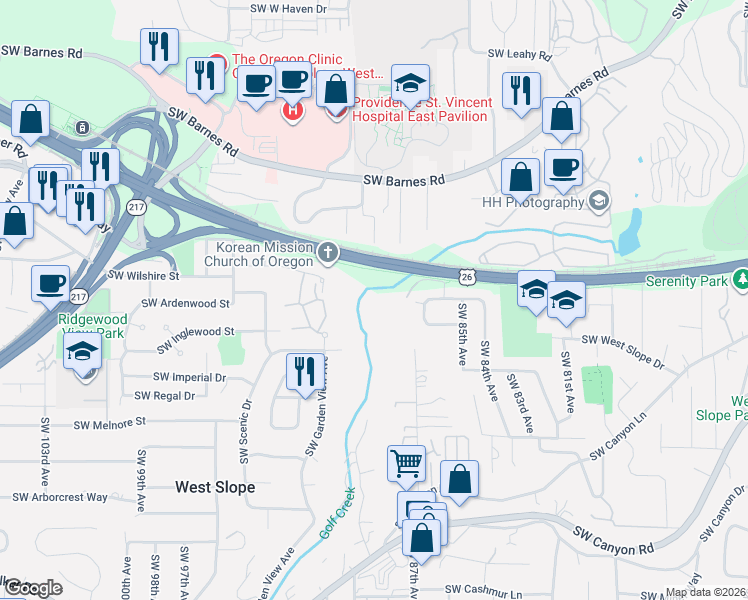 map of restaurants, bars, coffee shops, grocery stores, and more near 8855 Southwest Katherine Lane in Portland