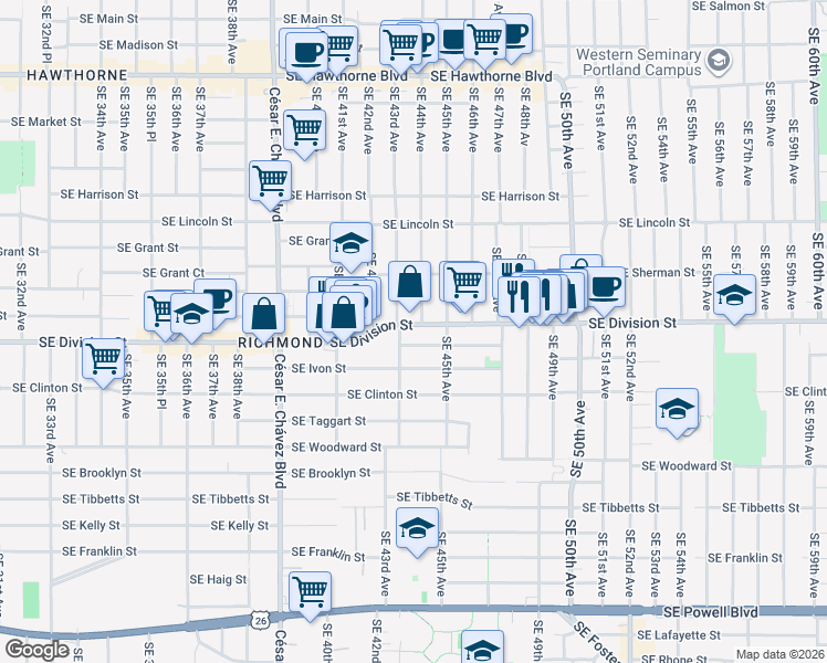 map of restaurants, bars, coffee shops, grocery stores, and more near 4330 Southeast Division Street in Portland