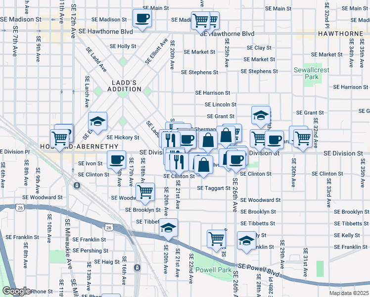 map of restaurants, bars, coffee shops, grocery stores, and more near 2025 Southeast Caruthers Street in Portland
