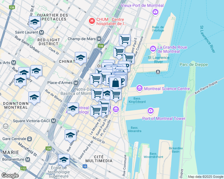 map of restaurants, bars, coffee shops, grocery stores, and more near 48 Rue le Royer Ouest in Montréal