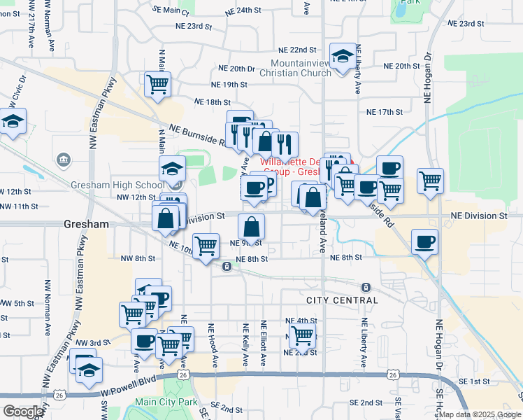 map of restaurants, bars, coffee shops, grocery stores, and more near 555 Northeast Division Street in Gresham