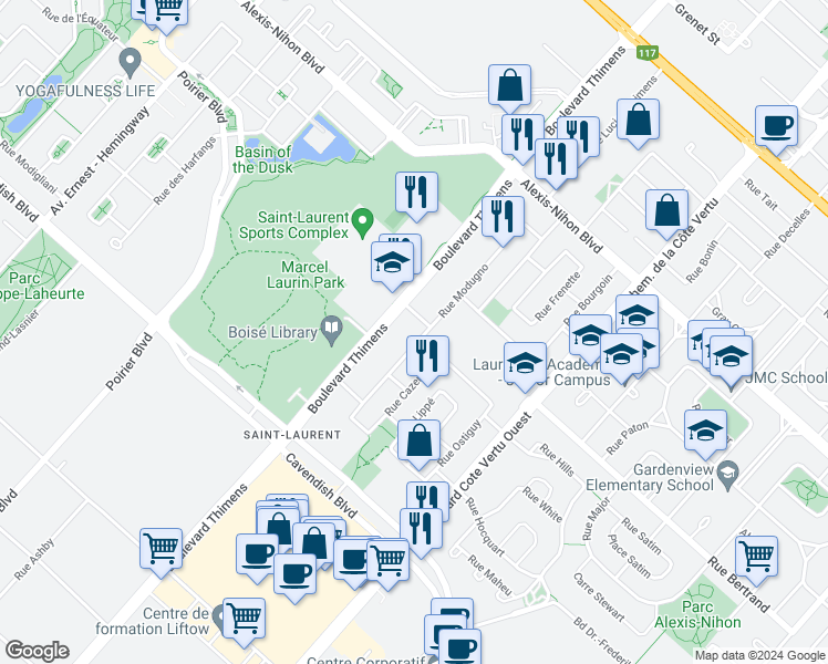 map of restaurants, bars, coffee shops, grocery stores, and more near 2555 Rue Modugno in Montréal