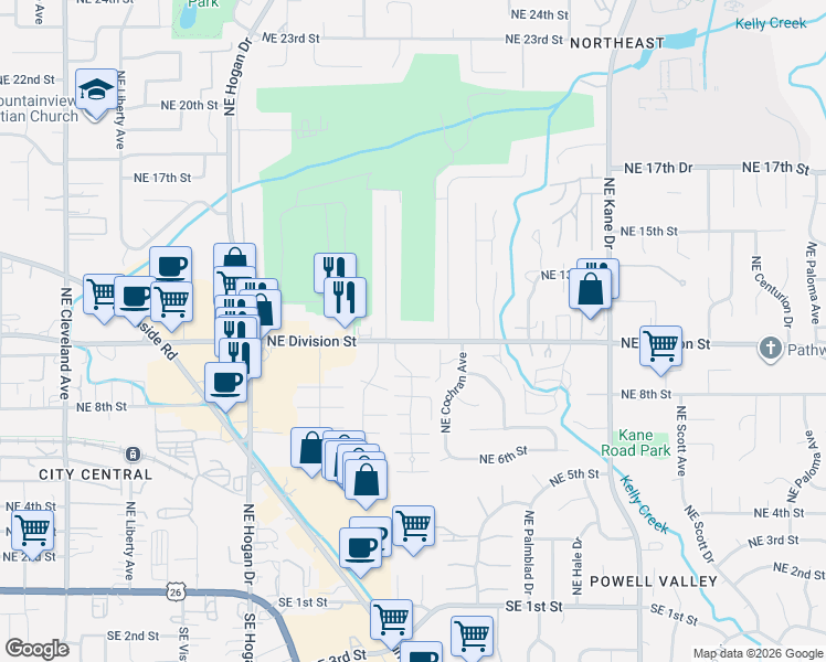 map of restaurants, bars, coffee shops, grocery stores, and more near 2425 Northeast Division Street in Gresham