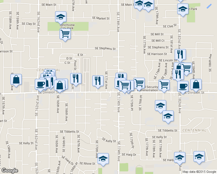 map of restaurants, bars, coffee shops, grocery stores, and more near 2333 Southeast 174th Avenue in Portland