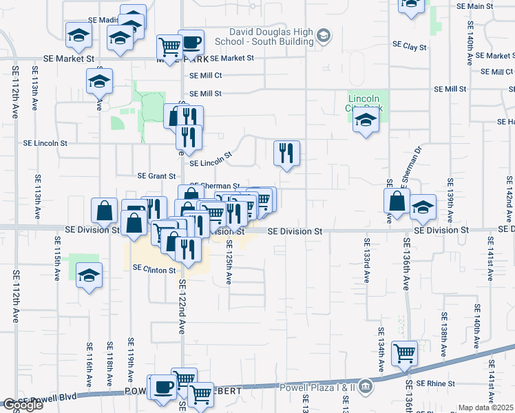 map of restaurants, bars, coffee shops, grocery stores, and more near 12564 Southeast Sherman Street in Portland