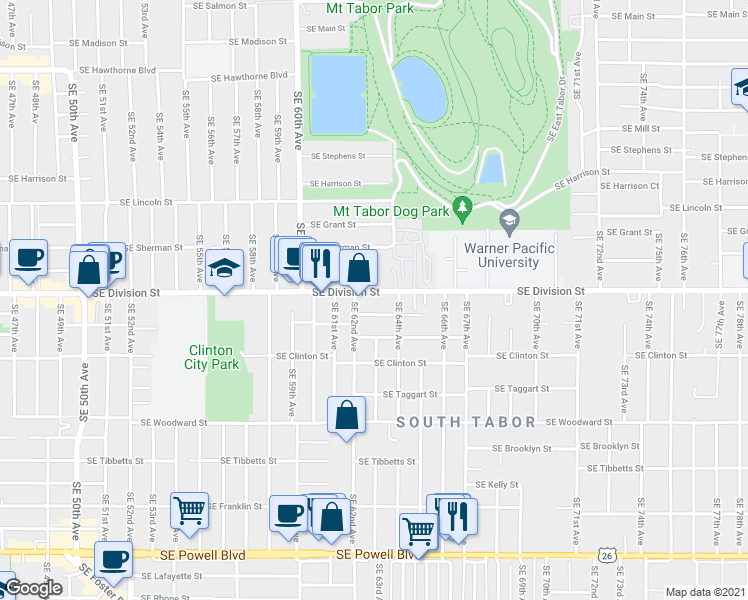 map of restaurants, bars, coffee shops, grocery stores, and more near 6308 Southeast Division Street in Portland