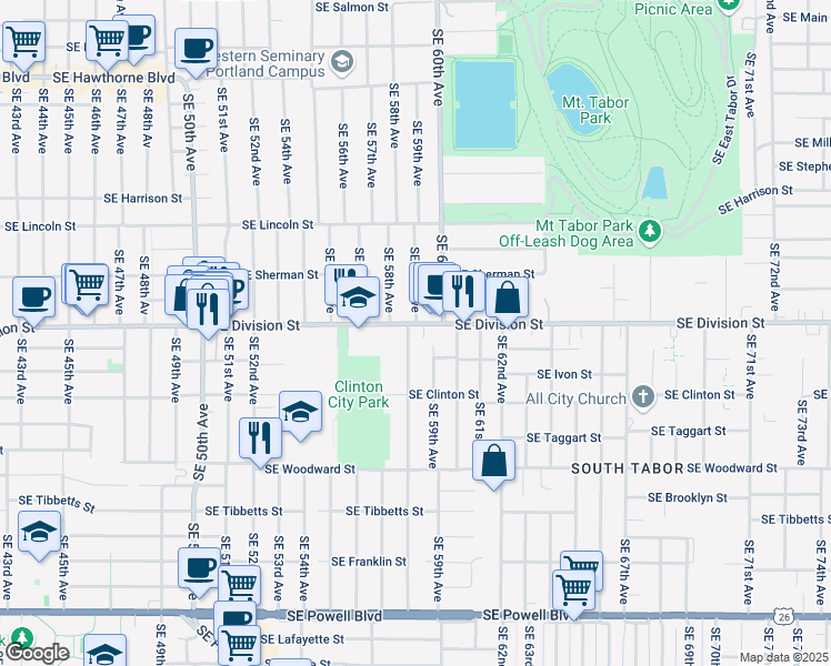 map of restaurants, bars, coffee shops, grocery stores, and more near 5909 Southeast Division Street in Portland