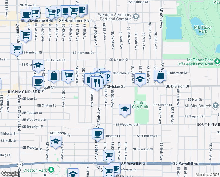 map of restaurants, bars, coffee shops, grocery stores, and more near 2374 Southeast 51st Avenue in Portland
