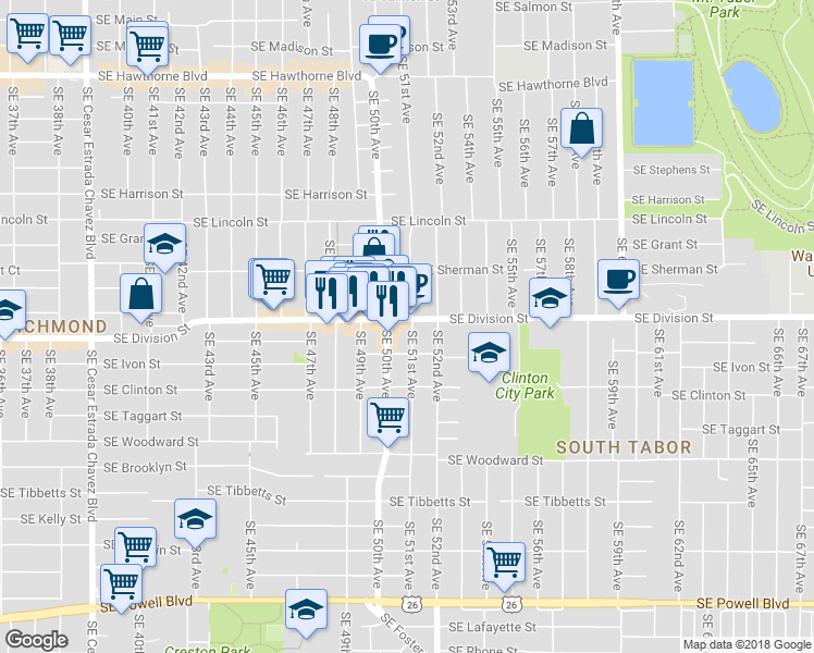 map of restaurants, bars, coffee shops, grocery stores, and more near 2374-2398 Southeast 51st Avenue in Portland