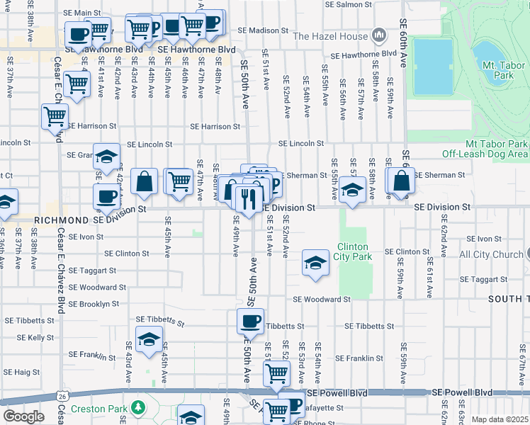 map of restaurants, bars, coffee shops, grocery stores, and more near 2374 Southeast 51st Avenue in Portland