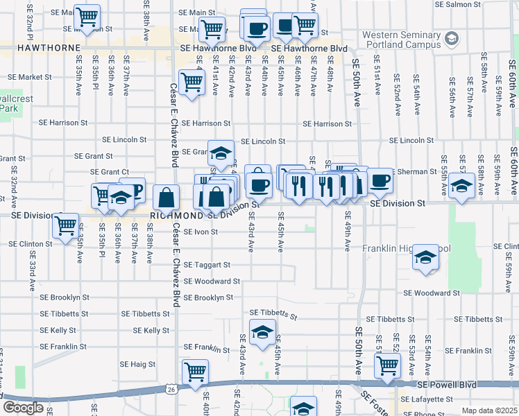 map of restaurants, bars, coffee shops, grocery stores, and more near 4315 Southeast Division Street in Portland