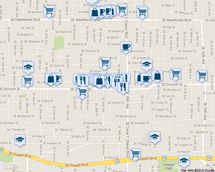 map of restaurants, bars, coffee shops, grocery stores, and more near in Portland