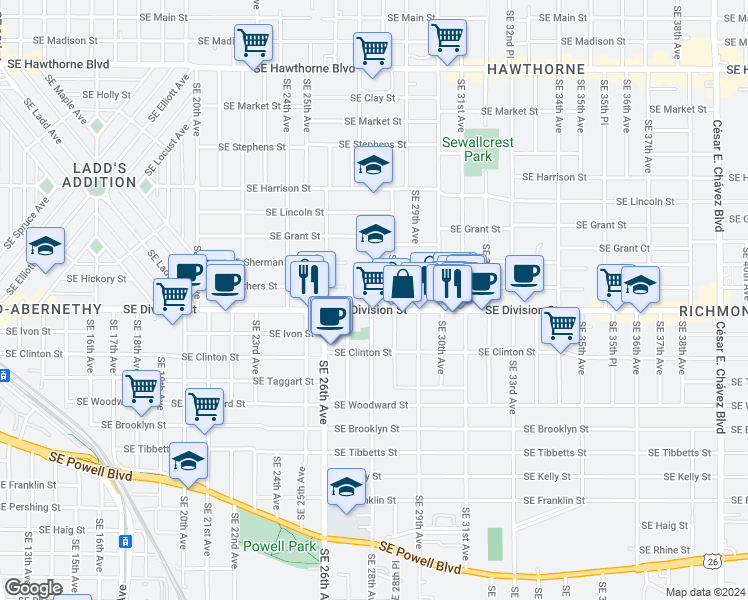 map of restaurants, bars, coffee shops, grocery stores, and more near 2406 Southeast 28th Place in Portland